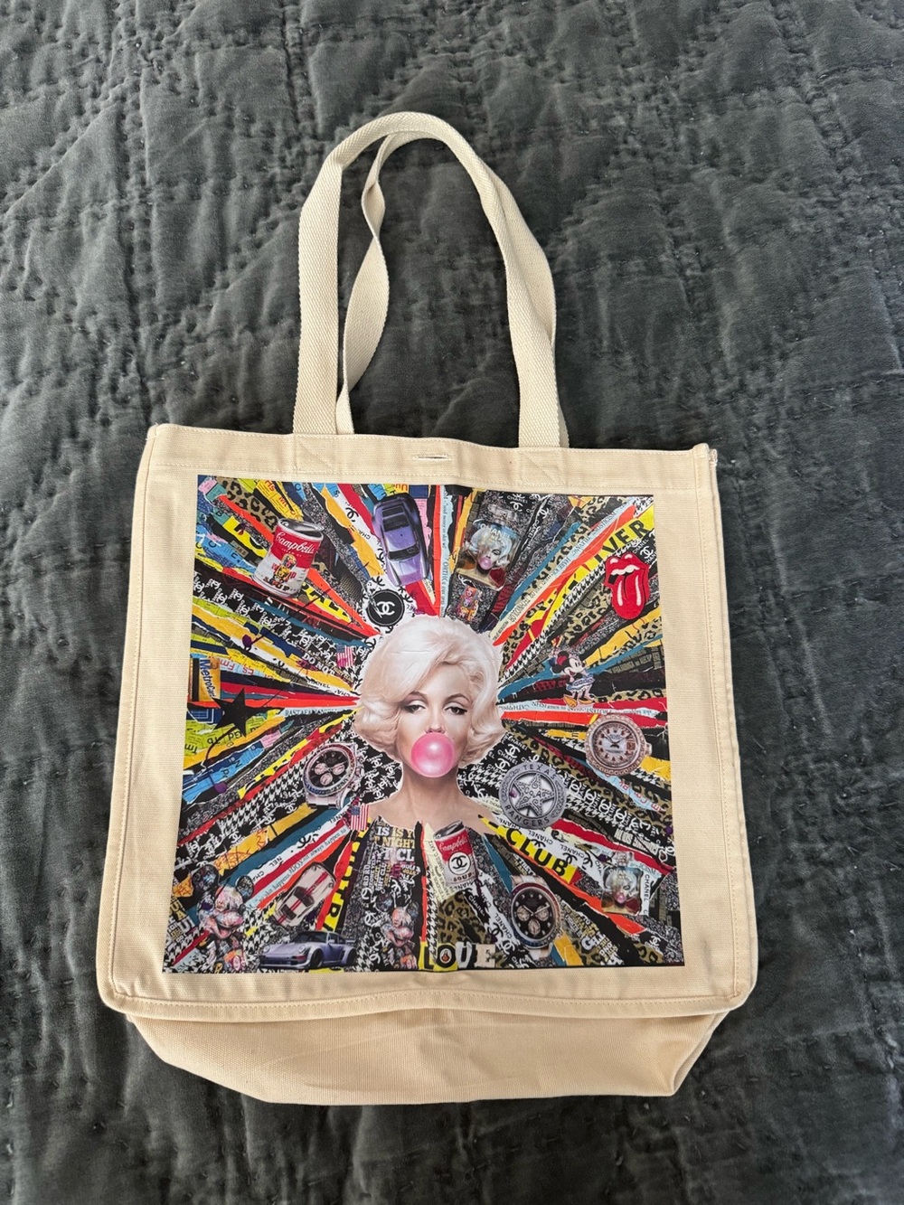 Canvas Tote Bag with Pop Art Marylin Monroe Print - Beige